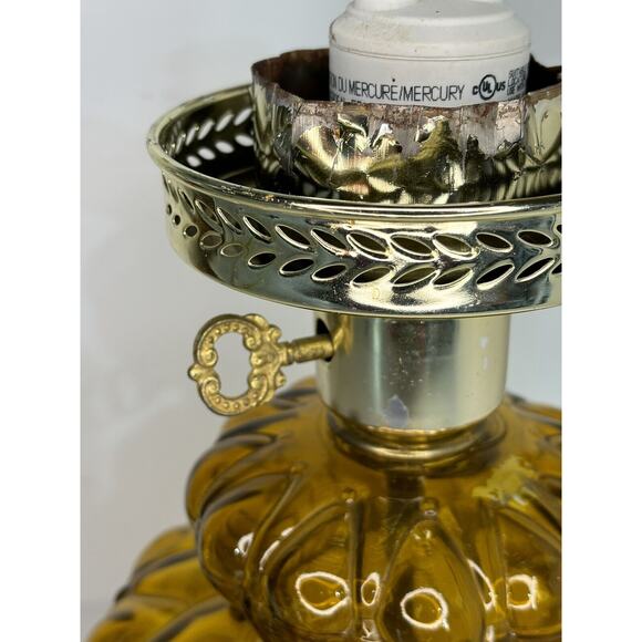 Vintage Quilted Amber Glass Brass Electric Hurricane Style MCM Table Lamp AS IS - Picture 6 of 9